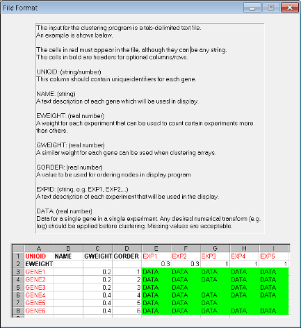 The window in Cluster 3.0 that describes the expected format for input data